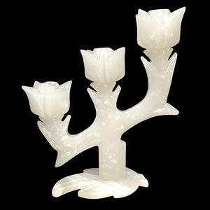 Vintage 1960s Handcarved Onyx Marble 3 Tulips Candlestick Holder - Natural Stone
